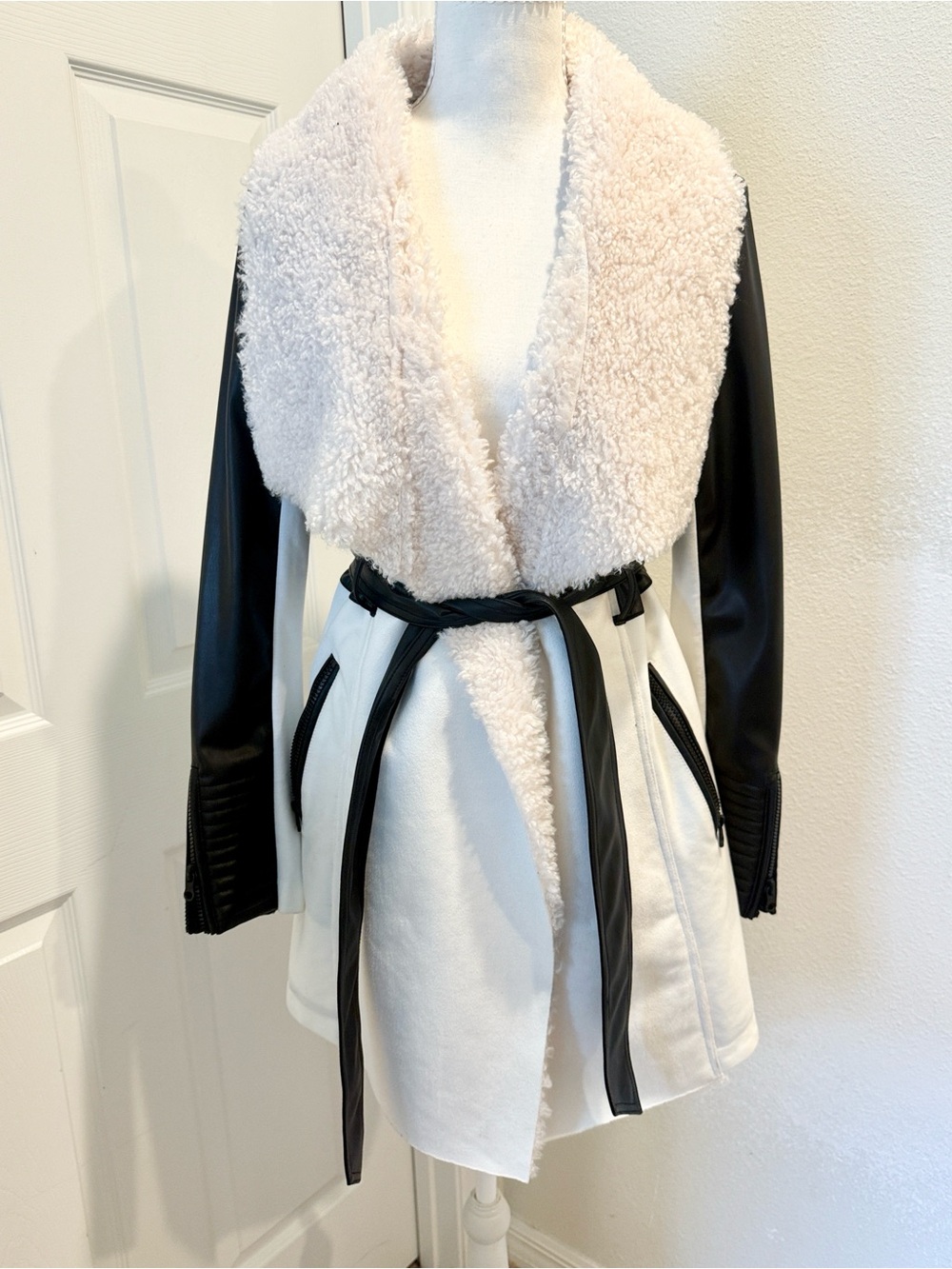 Blanc Noir Faux Shearling Trim Wrap Coat - Cream & Black